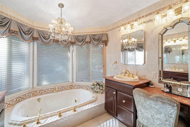 28 Stepping Stone Cres, Dix Hills, NY 11746 - full bathroom featuring a chandelier, a tub with jets, vanity, and tile patterned floors