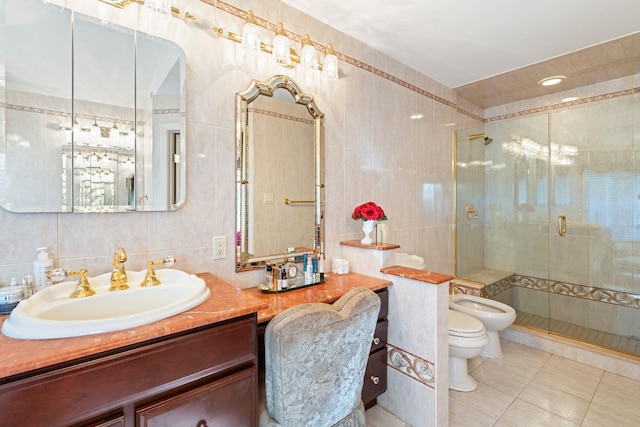 28 Stepping Stone Cres, Dix Hills, NY 11746 - bathroom with tile walls, a bidet, a stall shower, tile patterned flooring, and toilet