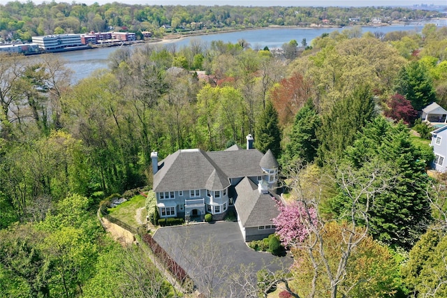 bird's eye view featuring a water view and a view of trees