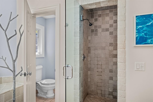 full bath with toilet, tile patterned flooring, and a shower stall