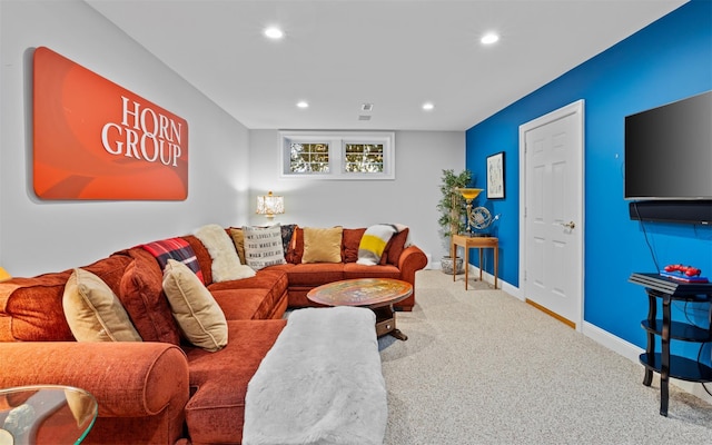 carpeted living room with baseboards and recessed lighting