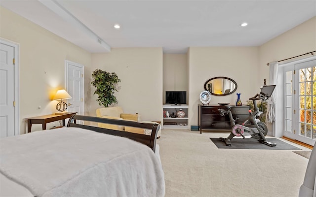 bedroom featuring recessed lighting, access to exterior, and carpet floors