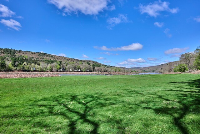 exterior space with a lawn, a rural view, and a mountain view