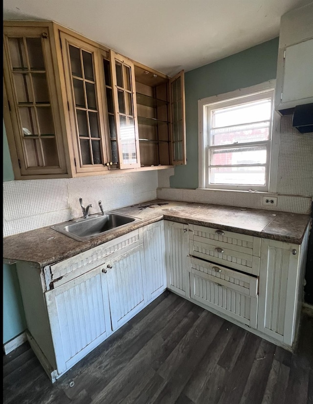 119 Broadfield Rd, Hempstead, NY 11550 - kitchen with backsplash, glass insert cabinets, dark wood finished floors, and a sink
