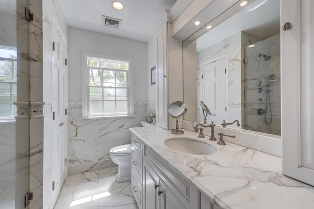 bathroom featuring visible vents, vanity, toilet, a marble finish shower, and recessed lighting