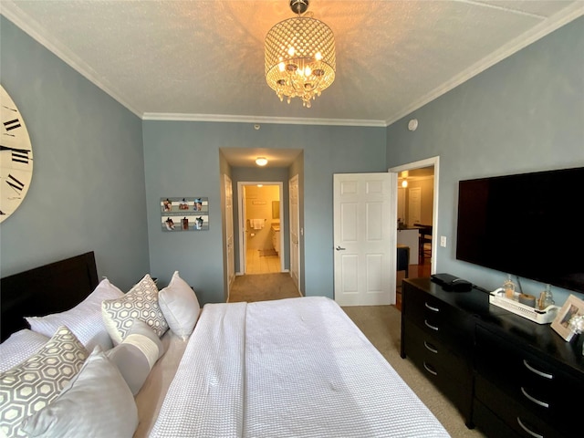 bedroom featuring ornamental molding, a chandelier, and light colored carpet