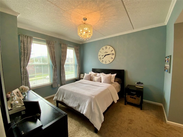 bedroom with baseboards, a textured ceiling, and crown molding