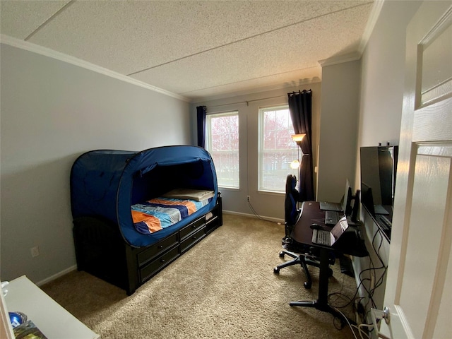 carpeted bedroom featuring crown molding, a textured ceiling, and baseboards