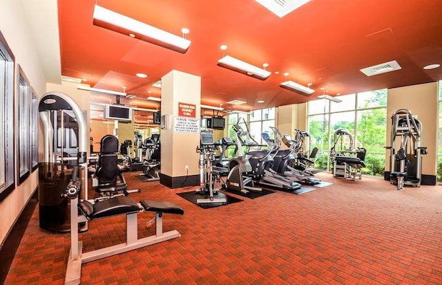 workout area featuring plenty of natural light, recessed lighting, carpet, and visible vents