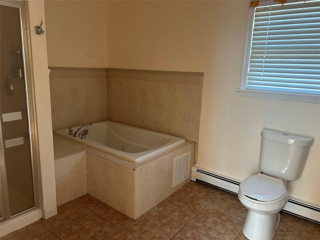 bathroom with a shower stall, tile patterned floors, toilet, visible vents, and baseboard heating