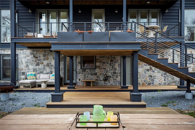 21 Private Way, Garrison, NY 10524 - back of house featuring an outdoor hangout area, a wooden deck, a balcony, and stone siding