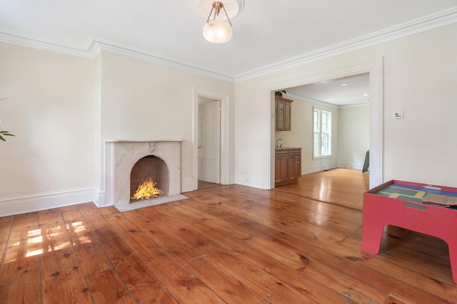 64 Paulding Ave, Cold Spring, NY 10516 - unfurnished living room featuring a high end fireplace, baseboards, ornamental molding, and hardwood / wood-style floors