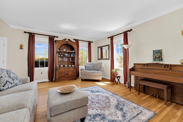 living room featuring wood finished floors, ornamental molding, and baseboards