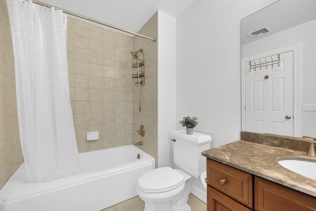bathroom featuring visible vents, shower / bath combo with shower curtain, toilet, tile patterned floors, and vanity