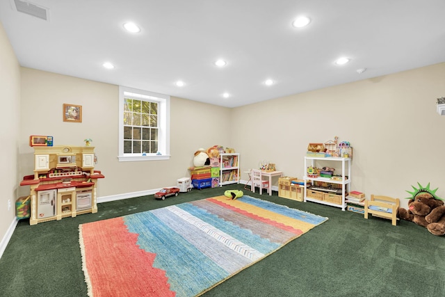 playroom with recessed lighting, carpet flooring, baseboards, and visible vents