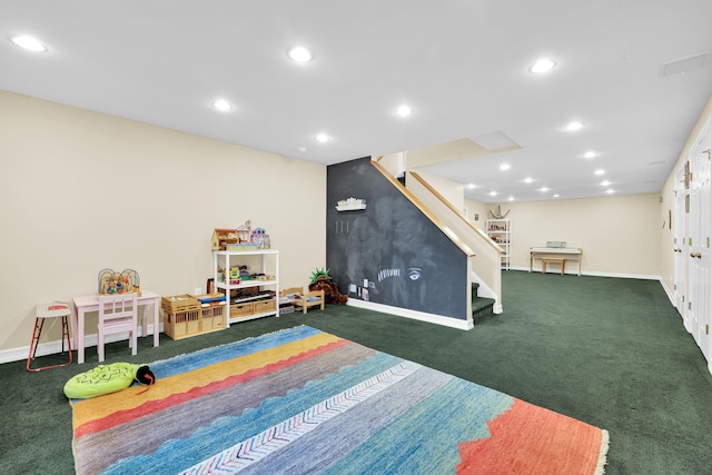 rec room with recessed lighting, carpet flooring, and baseboards