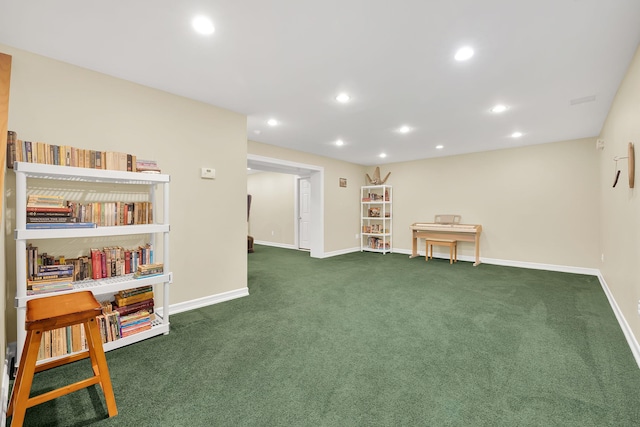 sitting room with recessed lighting, carpet floors, and baseboards