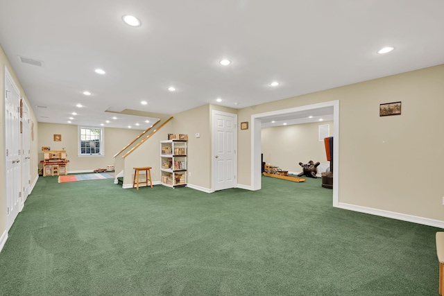 rec room featuring recessed lighting, visible vents, carpet flooring, and baseboards