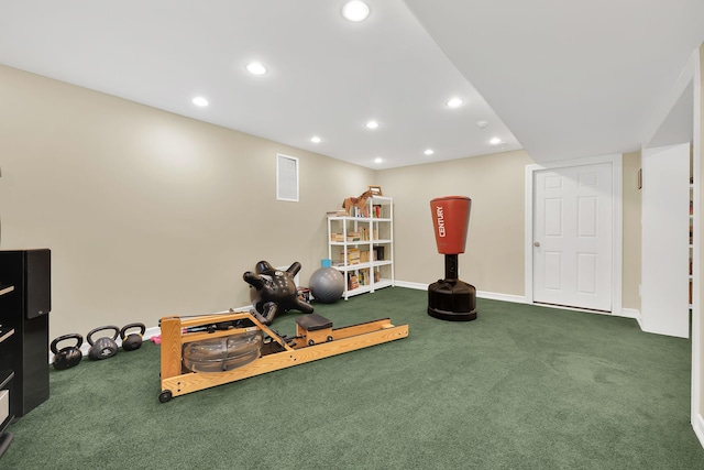 exercise room with baseboards, visible vents, carpet, and recessed lighting