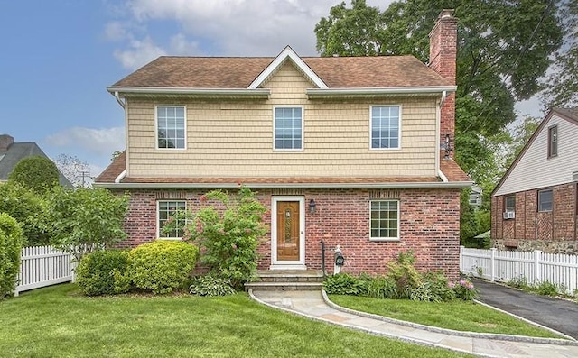 37 Myrtle Blvd, Larchmont, NY 10538 - view of front of home with a chimney, brick siding, and a shingled roof