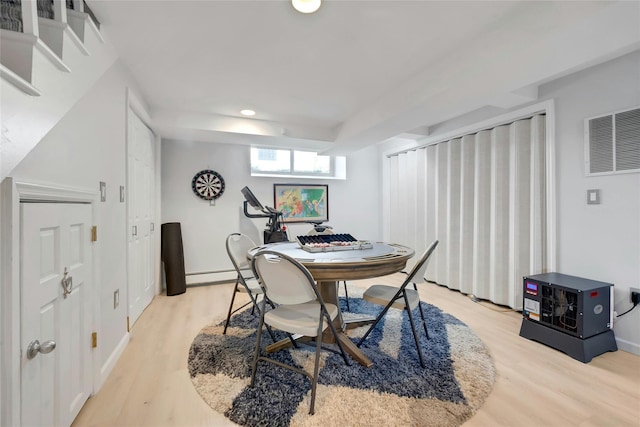 10 Maple Hill Dr, Larchmont, NY 10538 - dining room featuring light wood finished floors, baseboards, recessed lighting, an office area, and a baseboard radiator