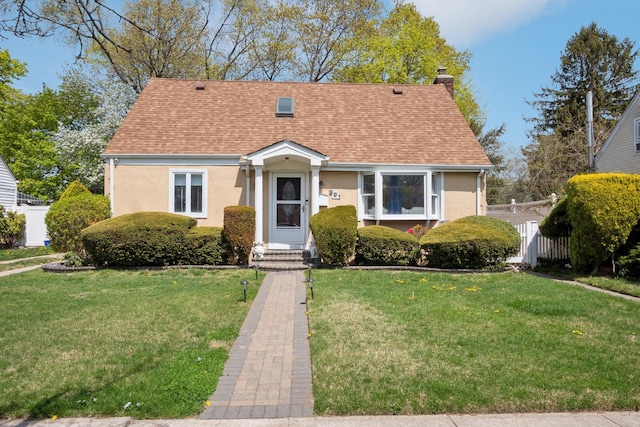 view of front facade with a front yard, a chimney, stucco siding, and fence