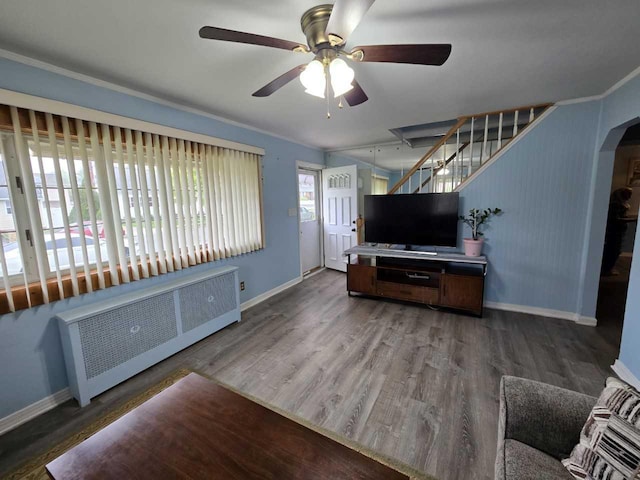 living area with radiator, a ceiling fan, stairs, and wood finished floors