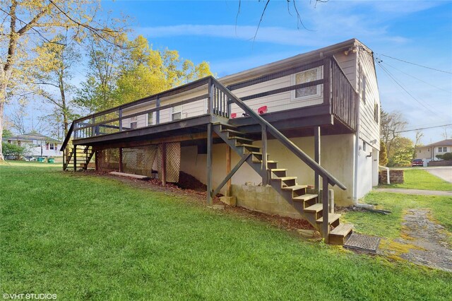 17 Fenmore Dr, Wappingers Falls, NY 12590 - back of property with a wooden deck, a yard, and stairway