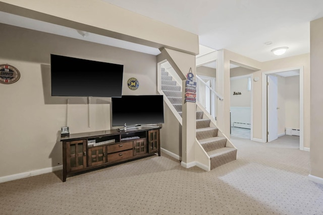 living area featuring carpet floors, stairway, a baseboard heating unit, and baseboards