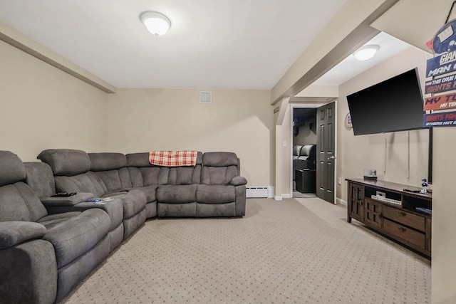 living room with visible vents, carpet flooring, a baseboard heating unit, and baseboards