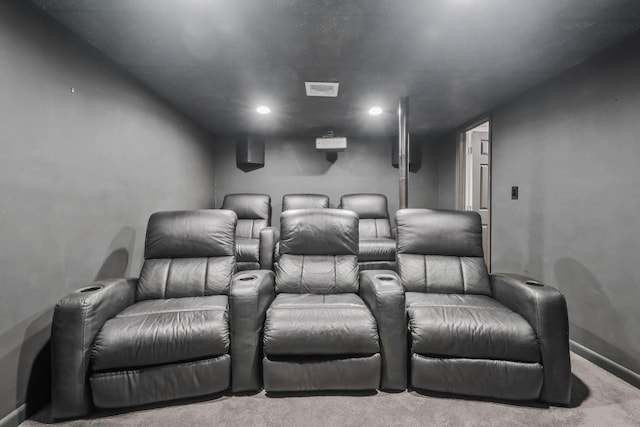 home theater room with carpet, visible vents, and recessed lighting