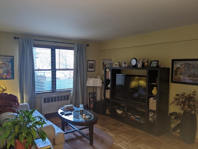 living room featuring radiator heating unit