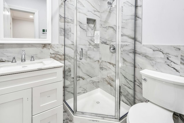 539 Split Rock Rd, Syosset, NY 11791 - full bathroom featuring vanity, a marble finish shower, toilet, and tile walls