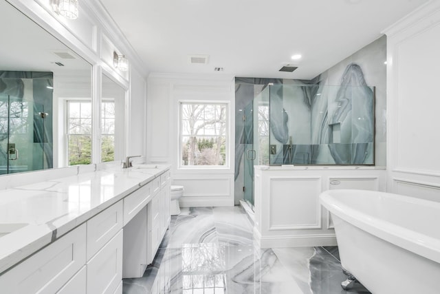 539 Split Rock Rd, Syosset, NY 11791 - bathroom with visible vents, double vanity, a decorative wall, a sink, and a marble finish shower