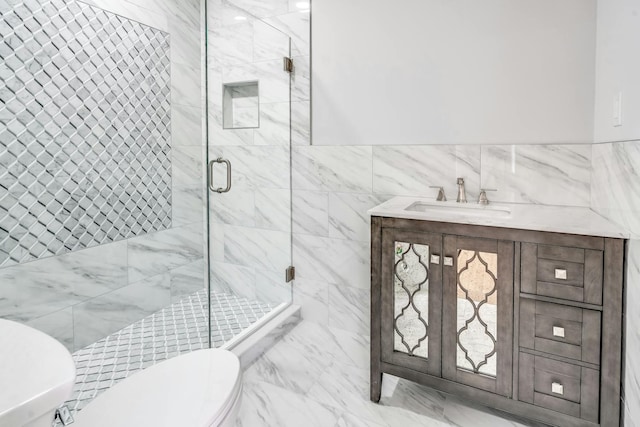 539 Split Rock Rd, Syosset, NY 11791 - bathroom with wainscoting, a sink, toilet, tile walls, and a shower stall