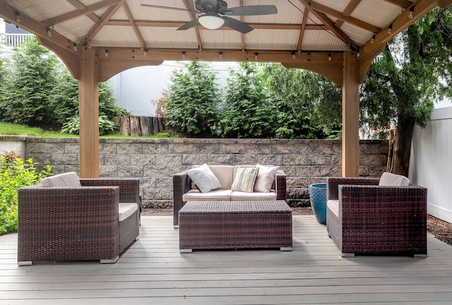 126 Lincoln Ave E, West Harrison, NY 10604 - wooden deck featuring an outdoor living space, a gazebo, ceiling fan, and fence