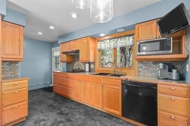 kitchen with under cabinet range hood, a baseboard heating unit, a sink, decorative backsplash, and black appliances