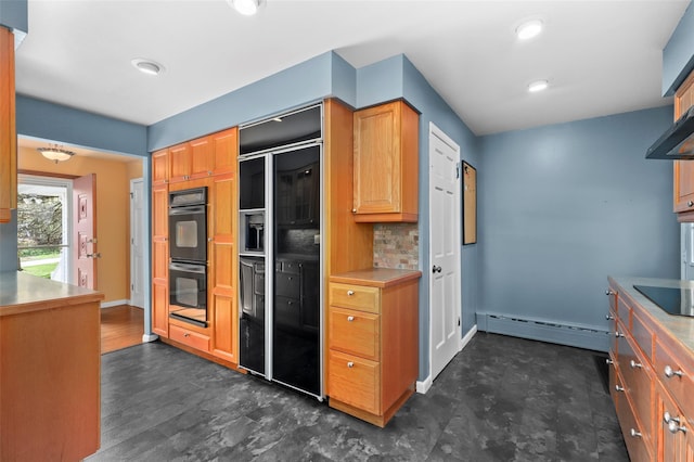 kitchen with decorative backsplash, a baseboard radiator, black appliances, and recessed lighting
