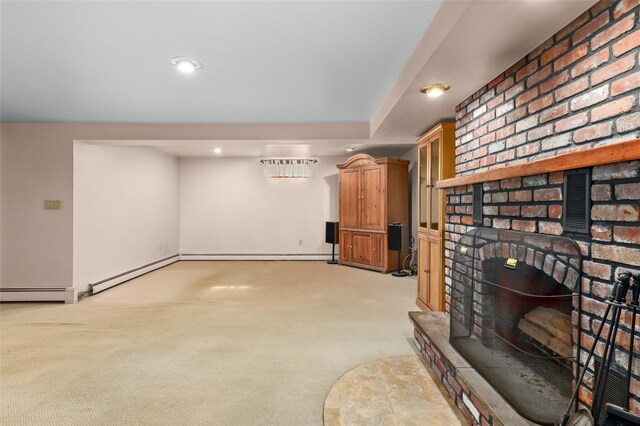 unfurnished living room featuring light carpet, baseboard heating, a fireplace, and recessed lighting