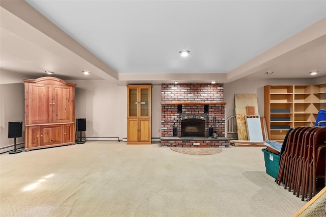 living room featuring a baseboard radiator, a brick fireplace, carpet floors, and recessed lighting