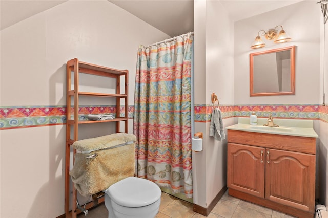 full bathroom with toilet, a shower with shower curtain, a baseboard radiator, tile patterned floors, and vanity