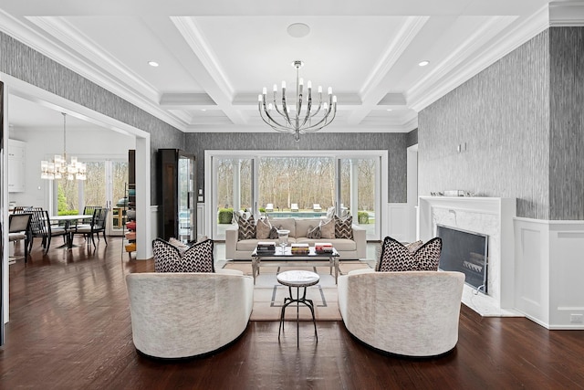 471 Middle Line Hwy, Sag Harbor, NY 11963 - living area with dark wood-style floors, a wainscoted wall, a chandelier, and wallpapered walls