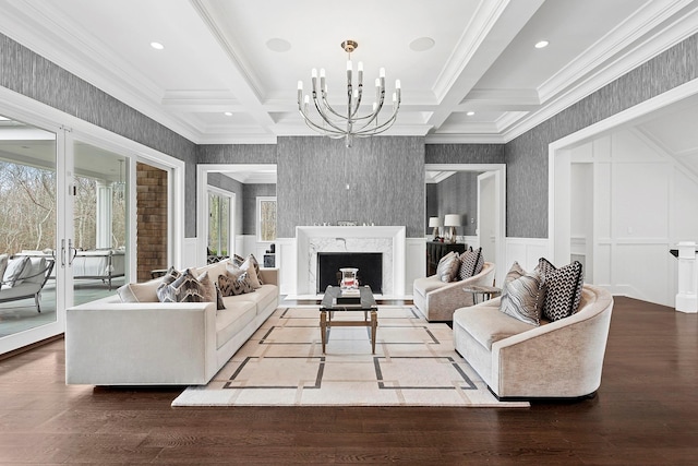 471 Middle Line Hwy, Sag Harbor, NY 11963 - living area with an inviting chandelier, plenty of natural light, ornamental molding, and coffered ceiling
