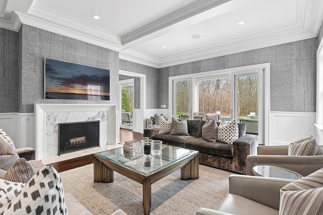 471 Middle Line Hwy, Sag Harbor, NY 11963 - living area with ornamental molding, a wainscoted wall, and a decorative wall