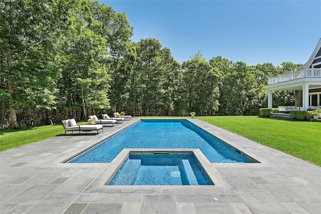 471 Middle Line Hwy, Sag Harbor, NY 11963 - view of swimming pool featuring an outdoor living space, a patio, a lawn, and a pool with connected hot tub