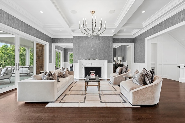 471 Middle Line Hwy, Sag Harbor, NY 11963 - living area featuring crown molding, wallpapered walls, a chandelier, a premium fireplace, and beam ceiling