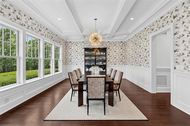 471 Middle Line Hwy, Sag Harbor, NY 11963 - dining area featuring a chandelier, ornamental molding, wood finished floors, beam ceiling, and wainscoting