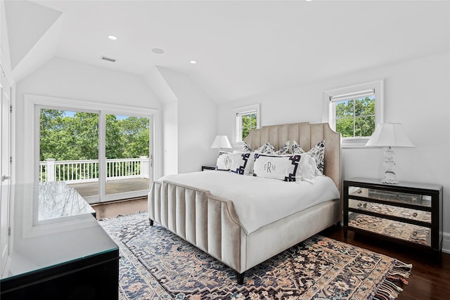 471 Middle Line Hwy, Sag Harbor, NY 11963 - bedroom with access to outside, vaulted ceiling, wood finished floors, and recessed lighting