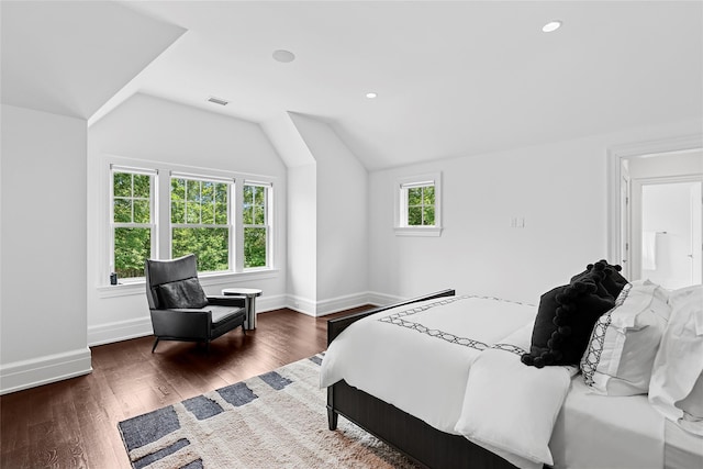 471 Middle Line Hwy, Sag Harbor, NY 11963 - bedroom with vaulted ceiling, dark wood-type flooring, and recessed lighting