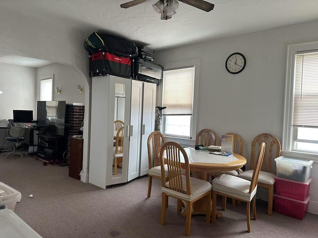 dining area with ceiling fan, a healthy amount of sunlight, carpet flooring, and arched walkways
